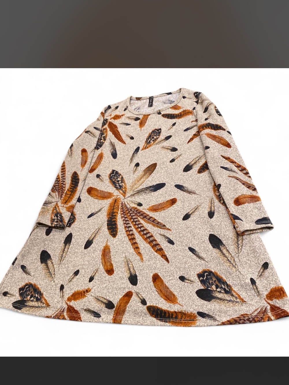 Feather-Print Swing Dress in Cream and Brown